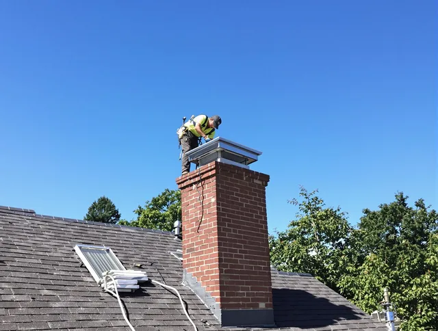 Montville Chimney Sweep technician measuring a chimney cap in Montville, CT