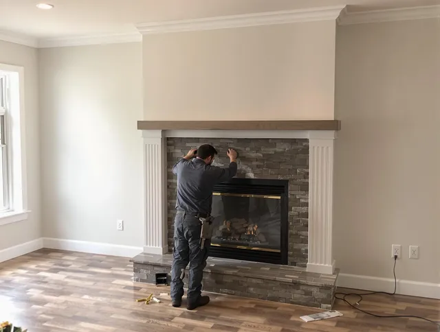 Montville Chimney Sweep finishing a custom fireplace install in Montville, CT